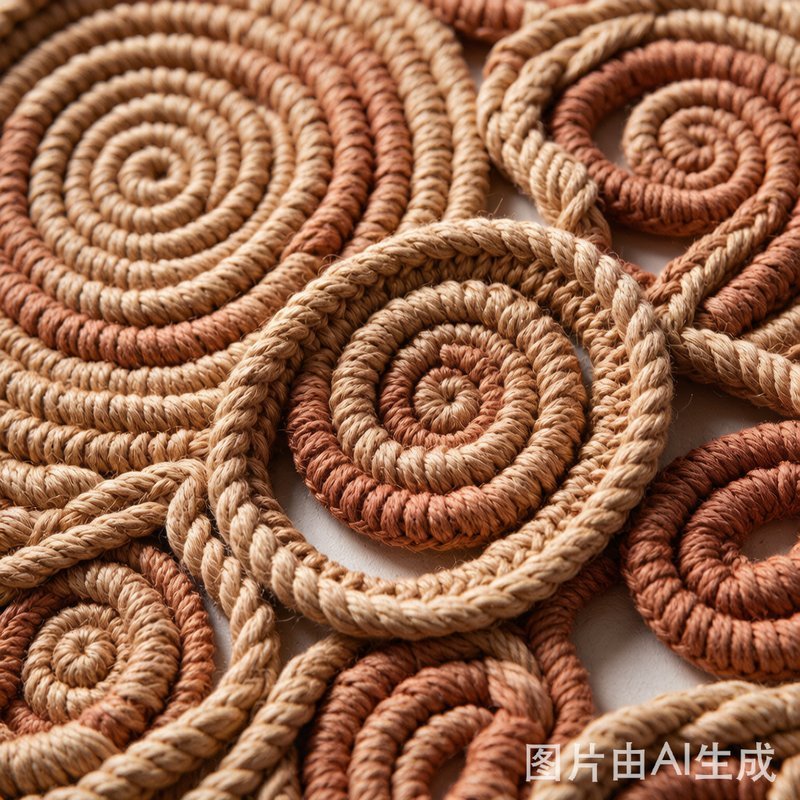 Close-up of handcrafted rope rug texture showing spiral weaving pattern