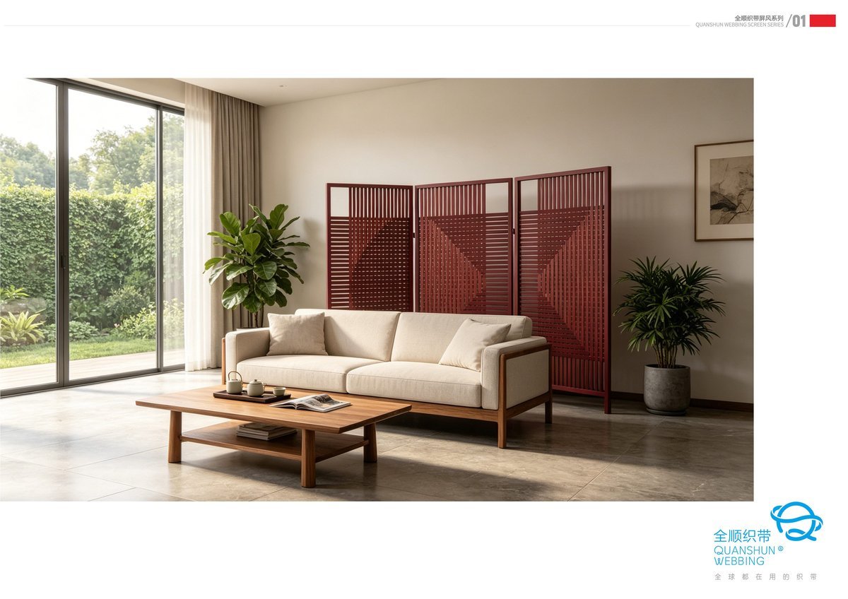 QUANSHUN PF-001 folding webbing screen room divider in a modern living room