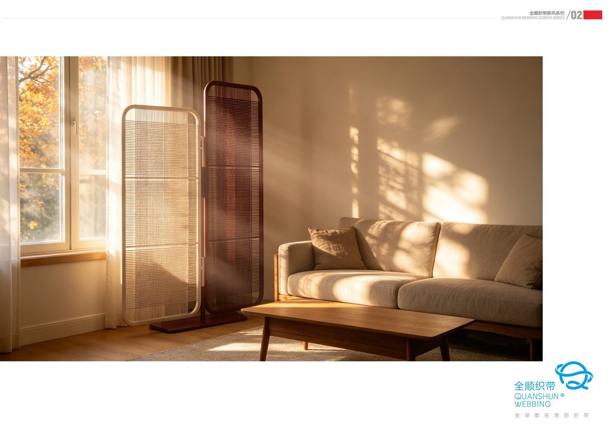 QUANSHUN PF-002 indoor webbing screen divider beside a sunlit sofa
