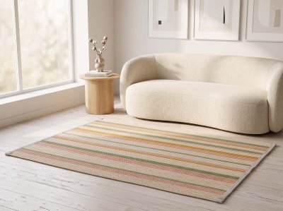 Hand-Woven Striped Rug - 4-Color Cream Blush Sage Mustard Rectangle Webbing Carpet