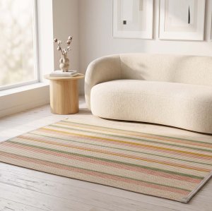 Hand-Woven Striped Rug - 4-Color Cream Blush Sage Mustard Rectangle Webbing Carpet