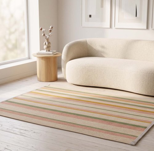 Hand-Woven Striped Rug - 4-Color Cream Blush Sage Mustard Rectangle Webbing Carpet