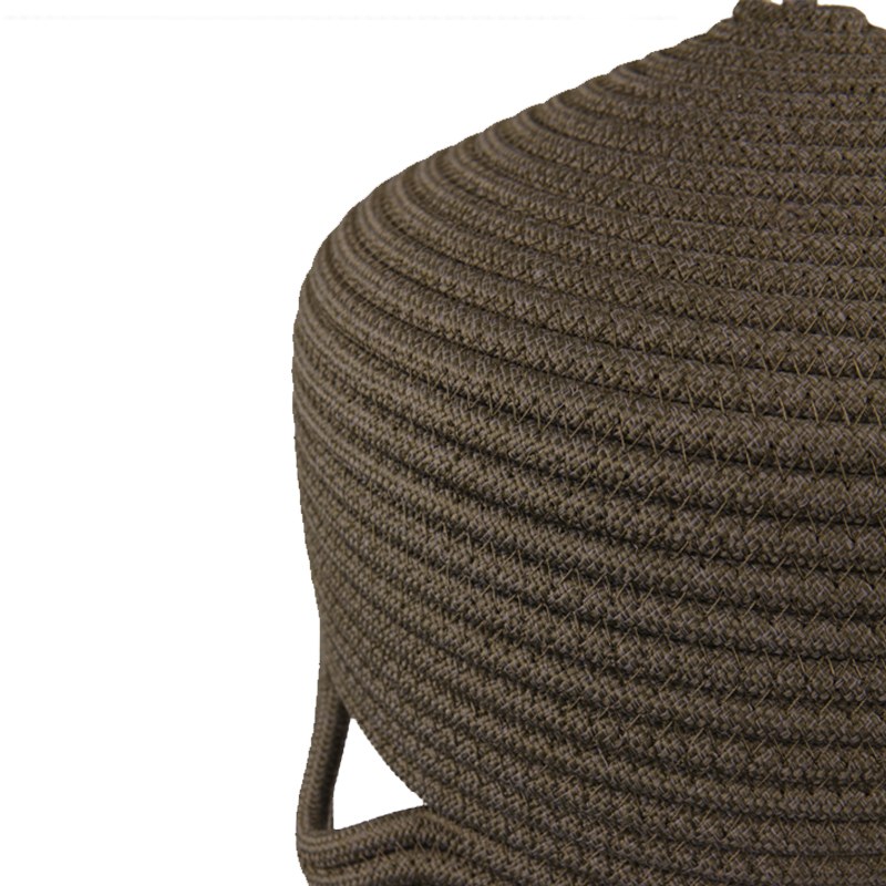 Macro view of espresso brown braided polyester rope coiled and stitched on the pendant lampshade body