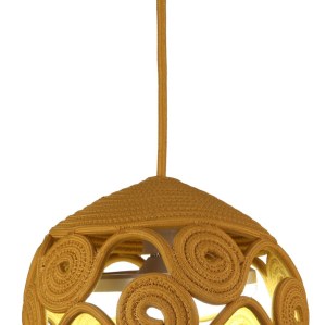 Mustard Gold Coil-Woven Dome Pendant Lampshade with Spiral Openwork Skirt