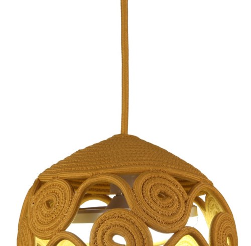 Mustard Gold Coil-Woven Dome Pendant Lampshade with Spiral Openwork Skirt