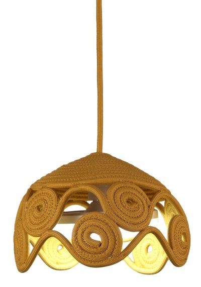 Mustard Gold Coil-Woven Dome Pendant Lampshade with Spiral Openwork Skirt