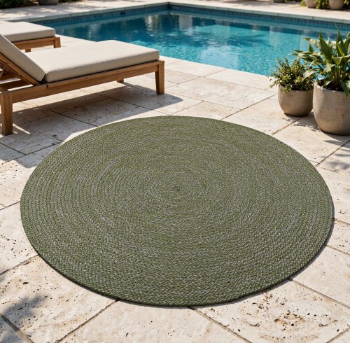 Textilene Speckled Coil-Weave Round Outdoor Rope Rug — Olive Green / Silver Fleck