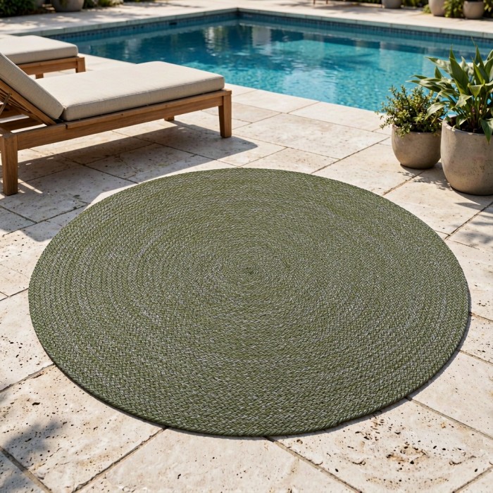 Textilene Speckled Coil-Weave Round Outdoor Rope Rug — Olive Green / Silver Fleck