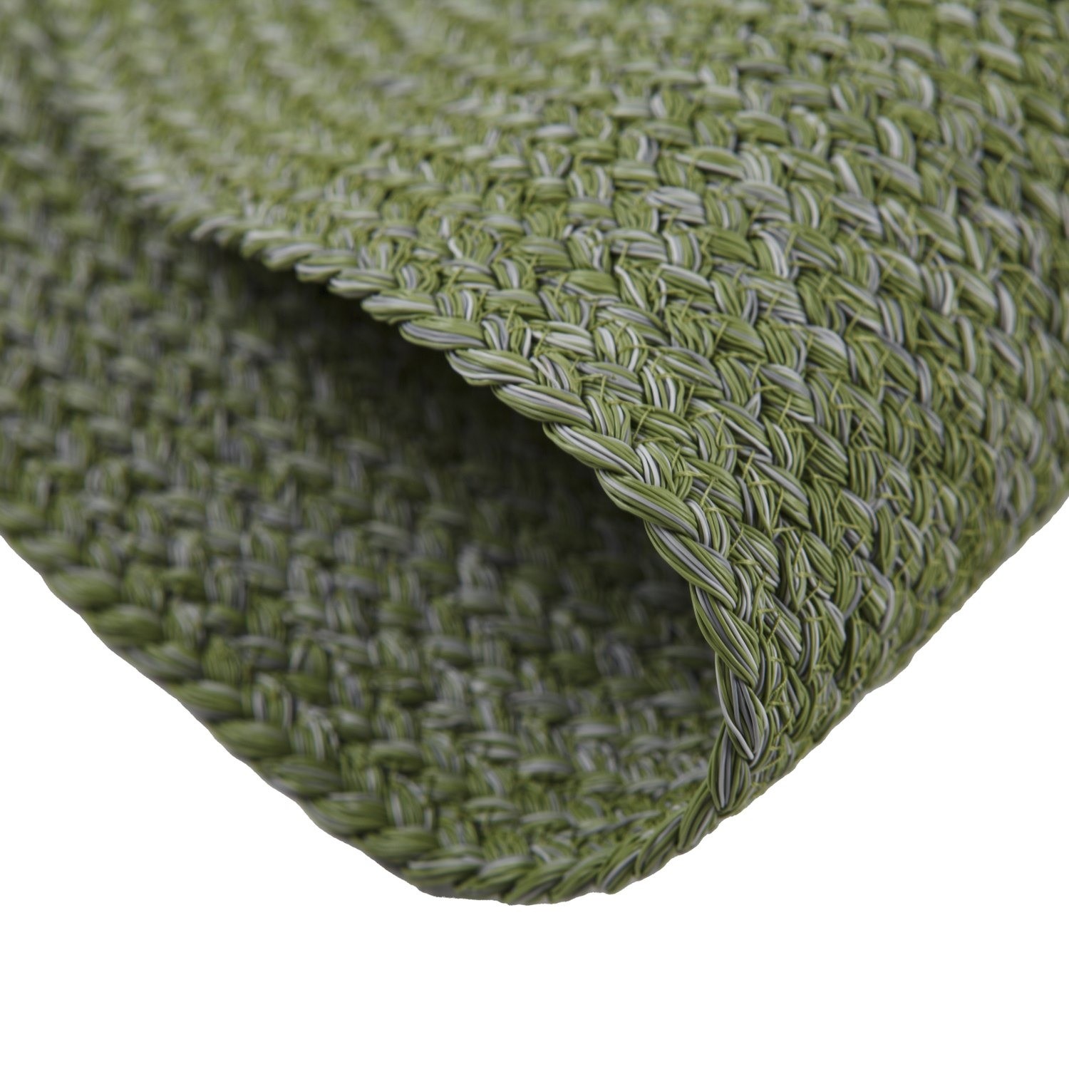 Corner detail of the round rope rug lifted to show braid texture, thickness and bound edge