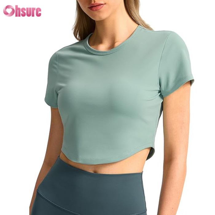 Custom Womens Crop T Shirt | Nylon Spandex Scoop Hem Crop Short Sleeve T Shirt OEM Manufacturer