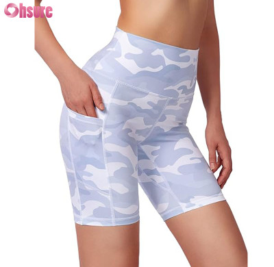 Custom Womens Yoga Shorts  Manufacturer | Gym Shorts With Side Pockets High Waist Tummy Control Running Gym Workout Biker Short, |Sublimation Printing Polyester Spandex Gym Shorts OEM Factory
