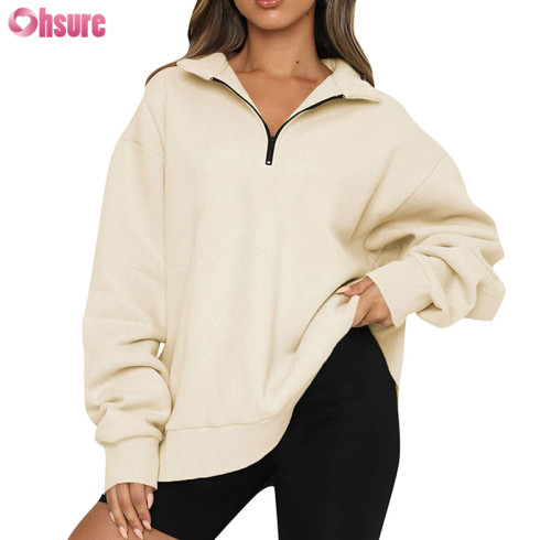 Custom Oversize Zipper Up Sweatshirt | Women 1/2 Zipper Up Sweatshirt Cotton Spandex Fleece Cozy Sweatshirt OEM Service Factory