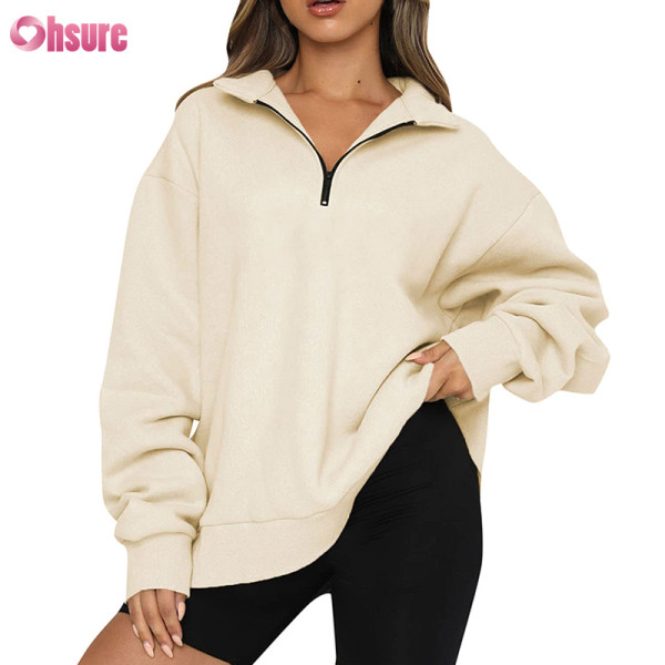 Custom Oversize Zipper Up Sweatshirt Manufacturer | Women 1/2 Zipper Up Sweatshirt Cotton Spandex Fleece Cozy Sweatshirt OEM Service Factory