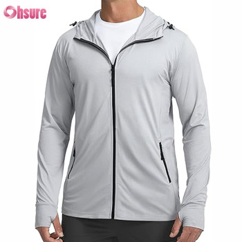 Custom Mens Light Weight UPF 50 Jacket Manufacturer | Polyester Quick Dry Full Zip Sun Protection Out Door Hoodie Long Sleeve Sun Shirts for Men Hiking Fishing Zip Pockets OEM Factory
