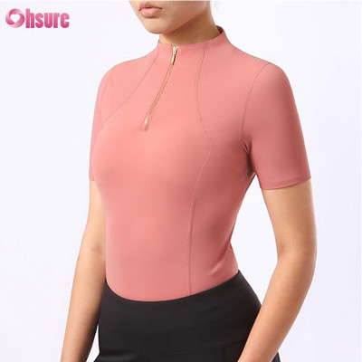 Custom Womens Equestrian T Shirt Manufacturer | Zipper Up Compression Slim Fit Horse Riding TShirt, Nylon Spandex Equestrain Short Sleeve Tshirt Factory Supplier From China