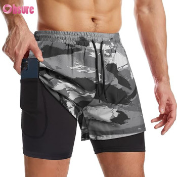 Custom Mens Gym Shorts Manufacturer | Mens 2 In 1 Running Shorts Quick Dry Athletic Shorts Sports Shorts With Lining, Workout Shorts With Zip Pockets And Towel Loop Running Shorts OEM Factory