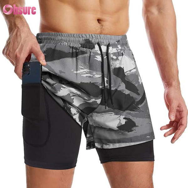 Custom Mens Gym Shorts Manufacturer | Mens 2 In 1 Running Shorts Quick Dry Athletic Shorts Sports Shorts With Lining, Workout Shorts With Zip Pockets And Towel Loop Running Shorts OEM Factory