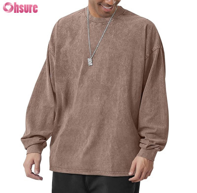 Custom Mens Vintage Long Sleeve T Shirt Manufacturer | Men's Oversized Cotton T-Shirts Heavy Weight Crew Neck Vintage Wash Tee Long Sleeve Casual Gym Workout Tops
