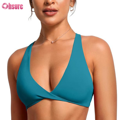 Custom Nylon Sports Bra Manufacturer | Buttery Soft Nylon Spandex Twist Front Sports Bra Deep V-Neck Crop Top Strappy Cross Back Bra Yoga Bra Workout Bra Top OEM Supplier