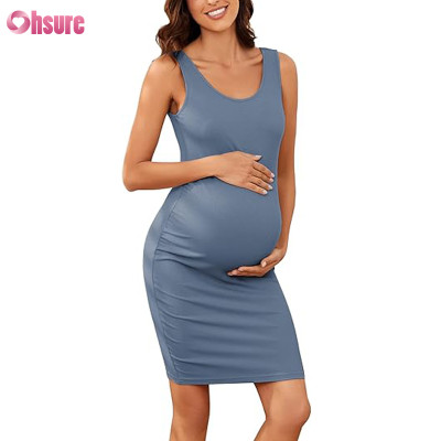 Custom Womens Maternity Sleeveless Dress Factory | Women's Maternity Bamboo Spandex Ribbed Slim Fit Dress Sleeveless Tank Dresses Scoop Neck Pregnancy Bodycon Dress for Casual Wear