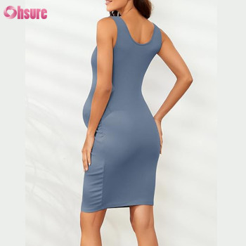 Custom Womens Maternity Sleeveless Dress Factory | Women's Maternity Bamboo Spandex Ribbed Slim Fit Dress Sleeveless Tank Dresses Scoop Neck Pregnancy Bodycon Dress for Casual Wear