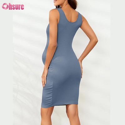 Custom Womens Maternity Sleeveless Dress Factory | Women's Maternity Bamboo Spandex Ribbed Slim Fit Dress Sleeveless Tank Dresses Scoop Neck Pregnancy Bodycon Dress for Casual Wear