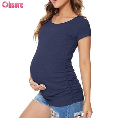 Custom Womens Maternity T Shirt | Women's Maternity Bamboo Spandex Short Sleeve T Shirt Side Ruched T-Shirt Tops Mama Wear Pregnancy Clothes OEM Supplier