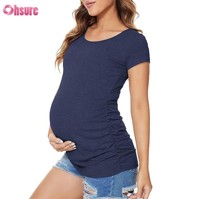 Custom Womens Maternity T Shirt Manufacturer | Women's Maternity Bamboo Spandex Short Sleeve T Shirt Side Ruched T-Shirt Tops Mama Wear Pregnancy Clothes OEM Supplier