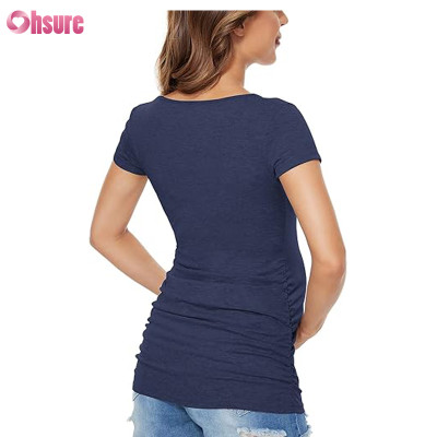 Custom Womens Maternity T Shirt Manufacturer | Women's Maternity Bamboo Spandex Short Sleeve T Shirt Side Ruched T-Shirt Tops Mama Wear Pregnancy Clothes OEM Supplier