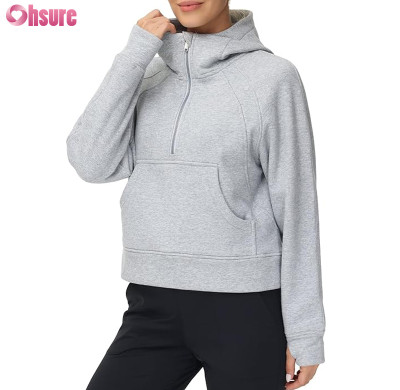 Custom Womens Half Zipper Hoodie Manufacturer | Womens' Hoodies Half Zip Long Sleeve Heavy Cotton Fleece Crop Pullover Sweatshirts with Pockets Thumb Hole