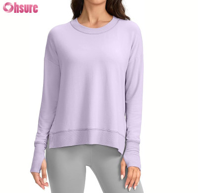 Custom Womens Light Weight Sweatshirts Manufacturer | Sweatshirt for Women Buttery Soft Yoga Tops Crewneck Cotton Spandex French Terry Oneck Shirts Side Slit Thumb Holes
