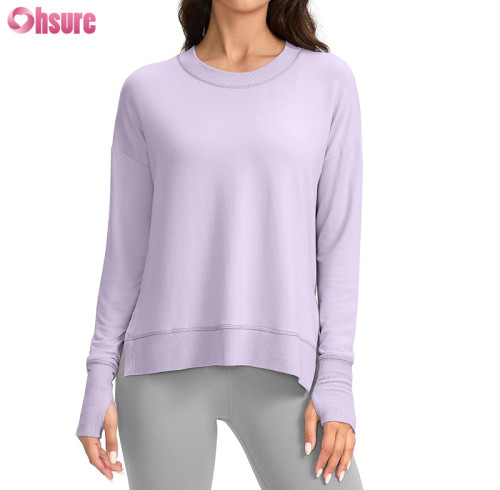 Custom Womens Light Weight Sweatshirts | Sweatshirt for Women Buttery Soft Yoga Tops Crewneck Cotton Spandex French Terry Oneck Shirts Side Slit Thumb Holes