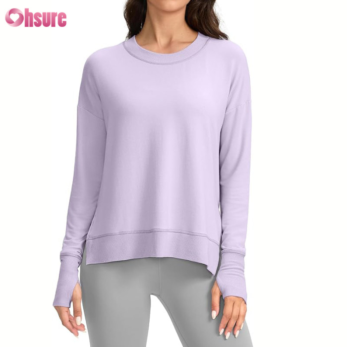 Custom Womens Light Weight Sweatshirts Manufacturer | Sweatshirt for Women Buttery Soft Yoga Tops Crewneck Cotton Spandex French Terry Oneck Shirts Side Slit Thumb Holes
