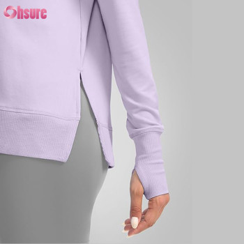 Custom Womens Light Weight Sweatshirts Manufacturer | Sweatshirt for Women Buttery Soft Yoga Tops Crewneck Cotton Spandex French Terry Oneck Shirts Side Slit Thumb Holes