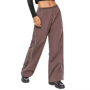 Custom Women's  Bow Tie Sports Pants Y2K Street Pants Manufacturer | Low Wide Leg Parachute Pants With Side Stripes
