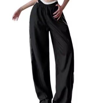 Custom Women's Sports Pants Manufacturer | Low Wide Leg Parachute Pants With Side Stripes