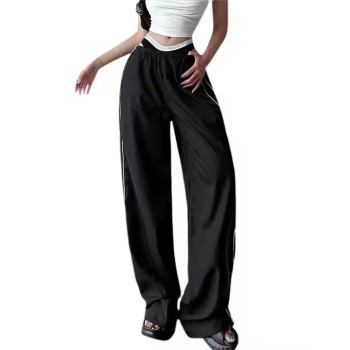 Custom Women's Sports Pants Manufacturer | Low Wide Leg Parachute Pants With Side Stripes