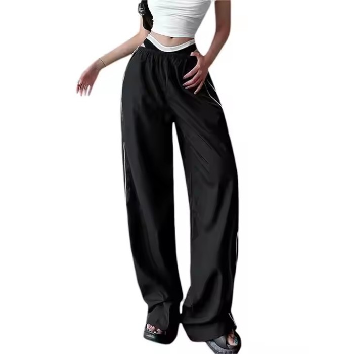 Custom Women's Sports Pants Manufacturer | Low Wide Leg Parachute Pants With Side Stripes