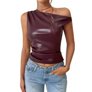 Custom Women's Streetwear Top Y2k Solid Mock Neck Sleeveless Manufacturer | PU Leather Tight Vest
