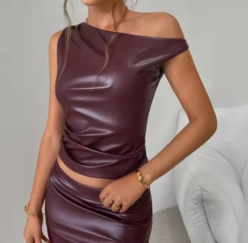 Custom Women's Streetwear Top Y2k Solid Mock Neck Sleeveless Manufacturer | PU Leather Tight Vest