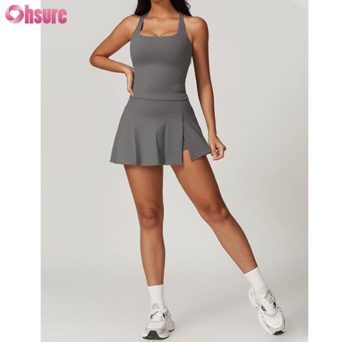 Custom 2 Piece Tennis Dresses for Women Side Slit Mini Skirt Set Manufacturer | Racerback Workout Crop Tank Top Outfits