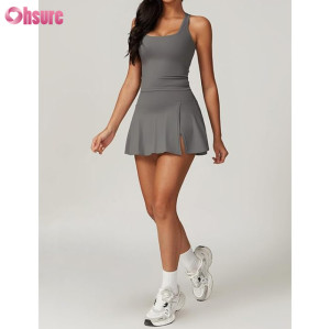 Custom 2 Piece Tennis Dresses for Women Side Slit Mini Skirt Set Manufacturer | Racerback Workout Crop Tank Top Outfits