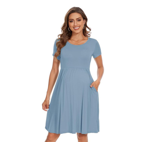 Custom Patchwork Pregnancy Clothes with Pockets Manufacturer | Women's Short Sleeve Maternity Dress