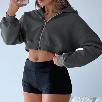 Custom Women's Cropped Hoodie Manufacturer | Short Sweat Jacket with Hood Zip Up Hooded Jacket Hoodie Zip Autumn Sweatshirt China OEM Supplier