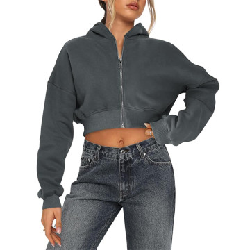 Custom Women's Cropped Hoodie Manufacturer | Short Sweat Jacket with Hood Zip Up Hooded Jacket Hoodie Zip Autumn Sweatshirt China OEM Supplier