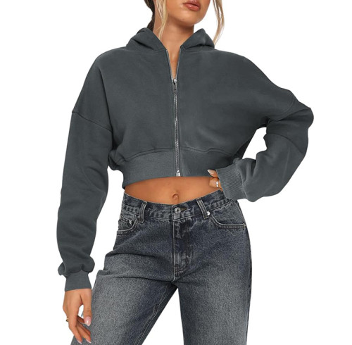 Custom Women's Cropped Hoodie Manufacturer | Short Sweat Jacket with Hood Zip Up Hooded Jacket Hoodie Zip Autumn Sweatshirt China OEM Supplier