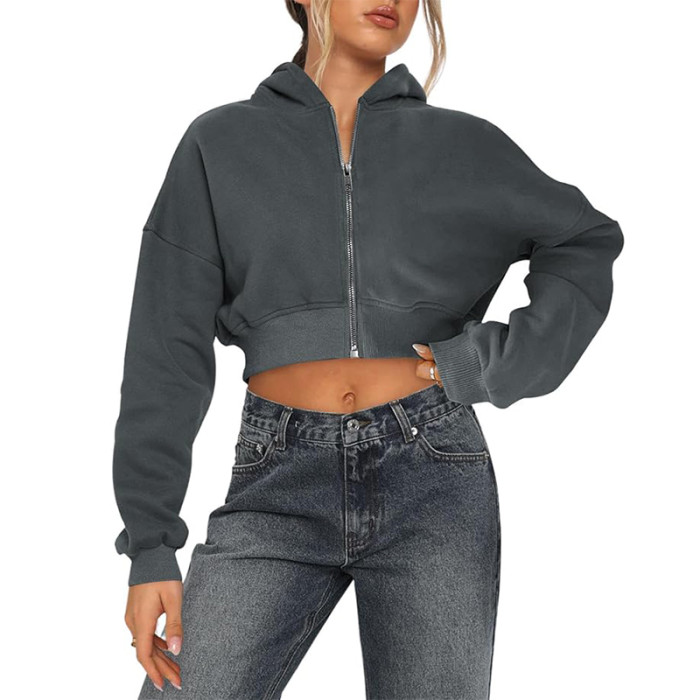 Custom Women's Cropped Hoodie Manufacturer | Short Sweat Jacket with Hood Zip Up Hooded Jacket Hoodie Zip Autumn Sweatshirt China OEM Supplier