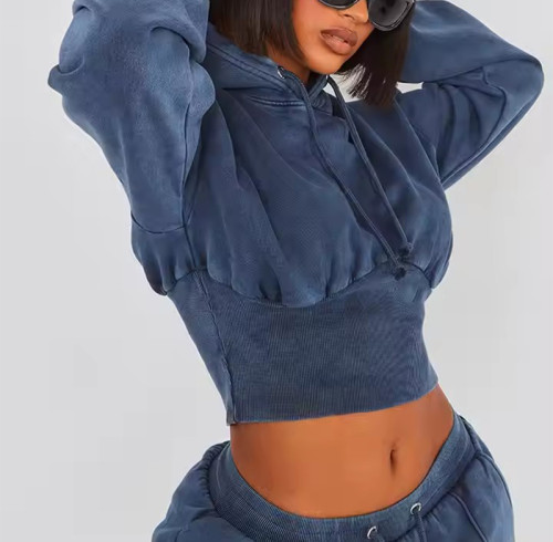 Custom Women's Long Sleeve Hoodies Manufacturer | Women Streetwear Shirred Waist Cropped Hoodies Pullover Tops China OEM Supplier