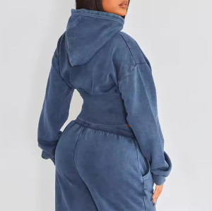 Custom Women's Long Sleeve Hoodies Manufacturer | Women Streetwear Shirred Waist Cropped Hoodies Pullover Tops China OEM Supplier