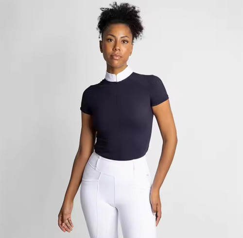 Custom Womens Mesh Equestrian T Shirt Manufacturer | Short Sleeve Equestrian Zip Tops Horse Riding Show Shirt Supplier From China